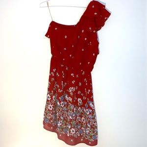 One Shoulder Red Floral Dress